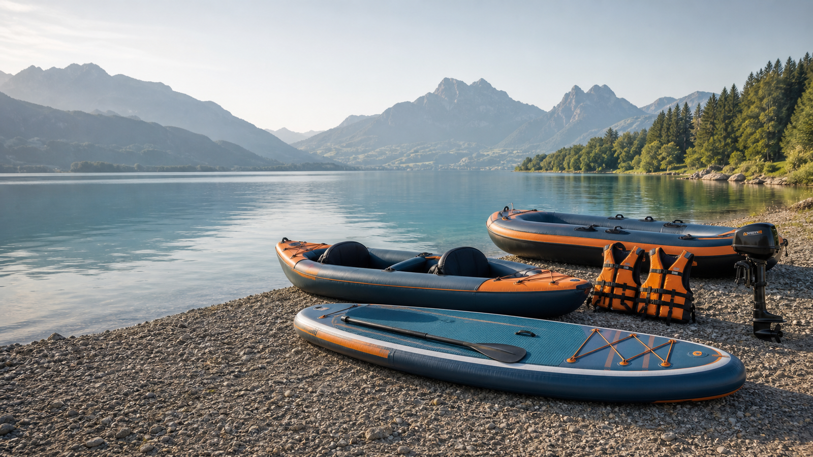 SUP, Kajak und Schlauchboot auf einem Schweizer See